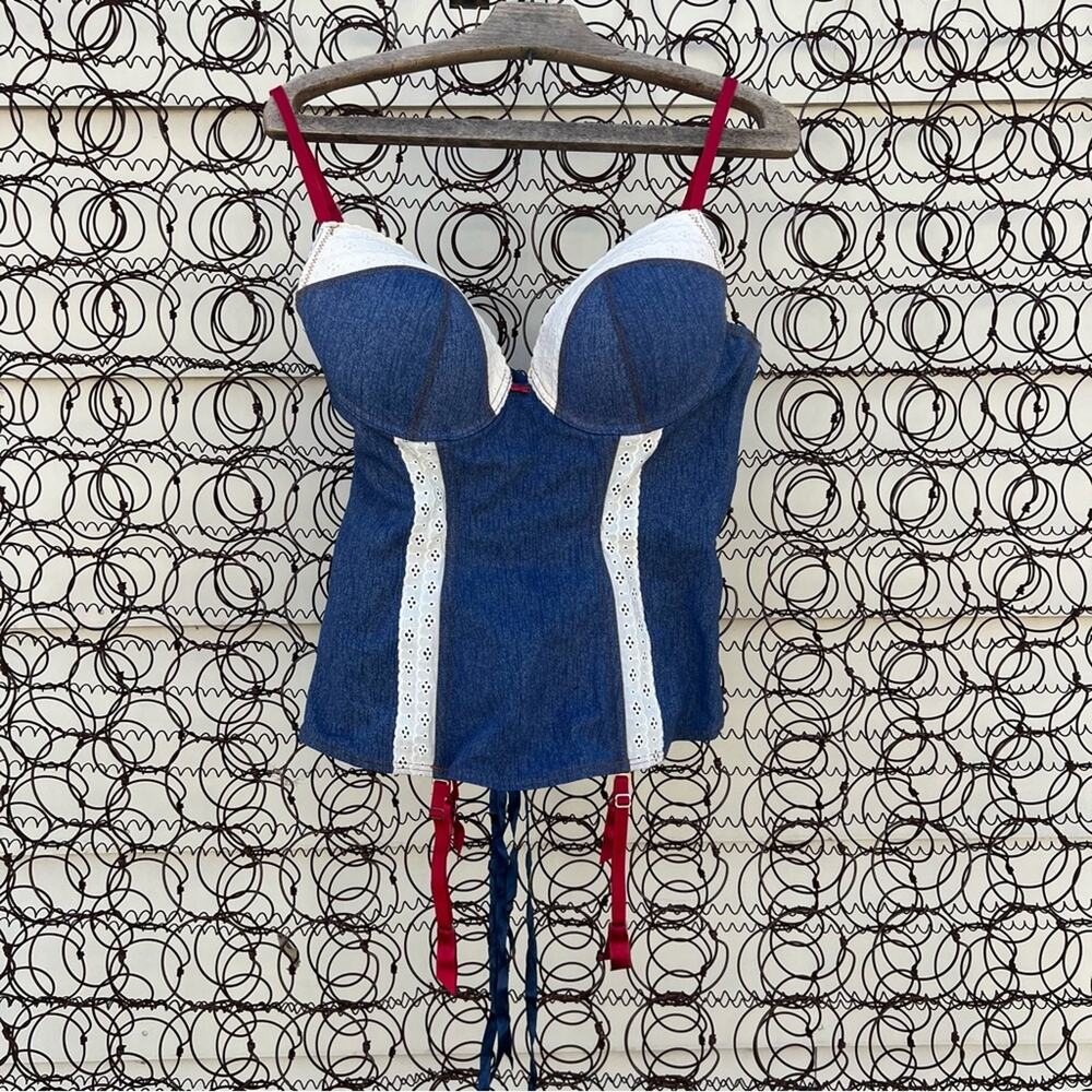Y2K Fredericks of Hollywood Denim Lace Corset Top w/ Red Straps Dukes of Hazard